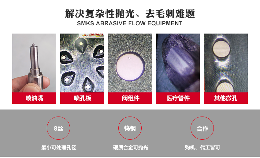 SMKS磨料流設備工藝原理 斯曼克磨粒流，使用金剛石微粉或碳化硅微粉等各式研磨劑混合成高分子彈性柔軟的磨料， 通過上下擠壓運動使磨料通過內孔流道或加工面，以往復運動的方式來進行表面研磨拋光。 針對各式內孔流道、微細孔、復雜內型腔、齒面、曲面或不規則面的拋光去毛刺，具有極佳效果。 安/全/環/保：磨料符合環保標準：無高熱，無溶液，低分貝，無粉塵